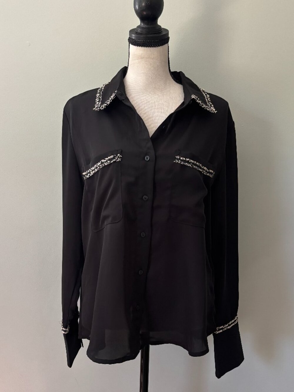 Laundry by Shelli Segal Tweed-Trim Chiffon Blouse — NWT — M
